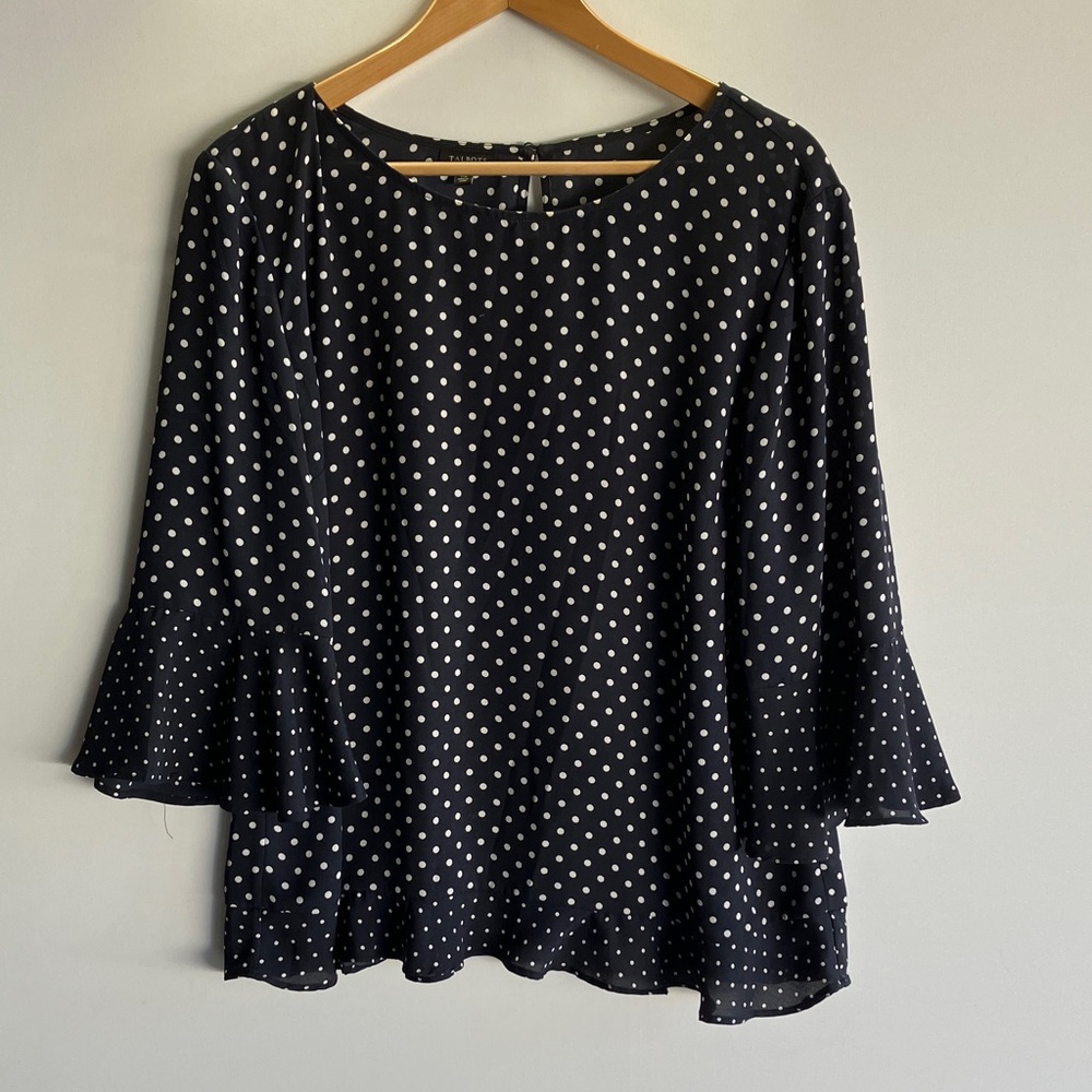 Talbots Navy Polka Dot Blouse with Bell Sleeves